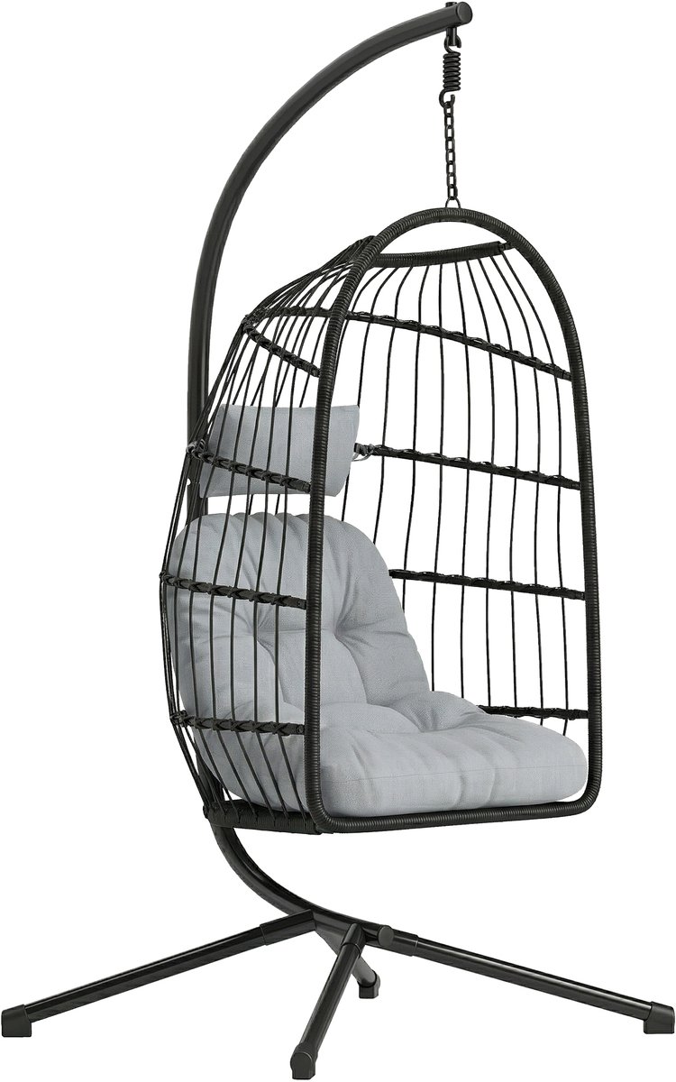 Egg Hangstoel met Standaard – Egg Chair – tot 120 kg – Opvouwbaar – Inclusief steunkussen van 15 cm en hoofdsteun - gevlochten kunststof - 101 x 105 x 196 cm – Lichtgrijs
