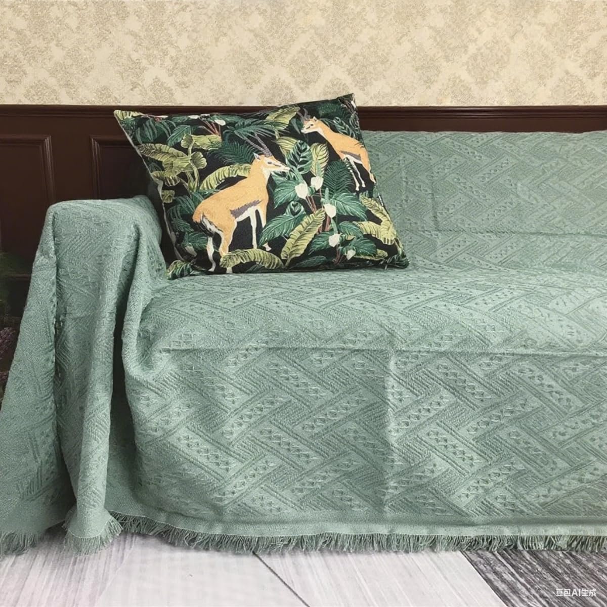 Decoratieve Bankhoes met Geometrisch Jacquard en Kwastjes – Grasgroen – 180x230 cm – Wasbaar – Geschikt voor 1-Zitsbank - Sectional en Futon