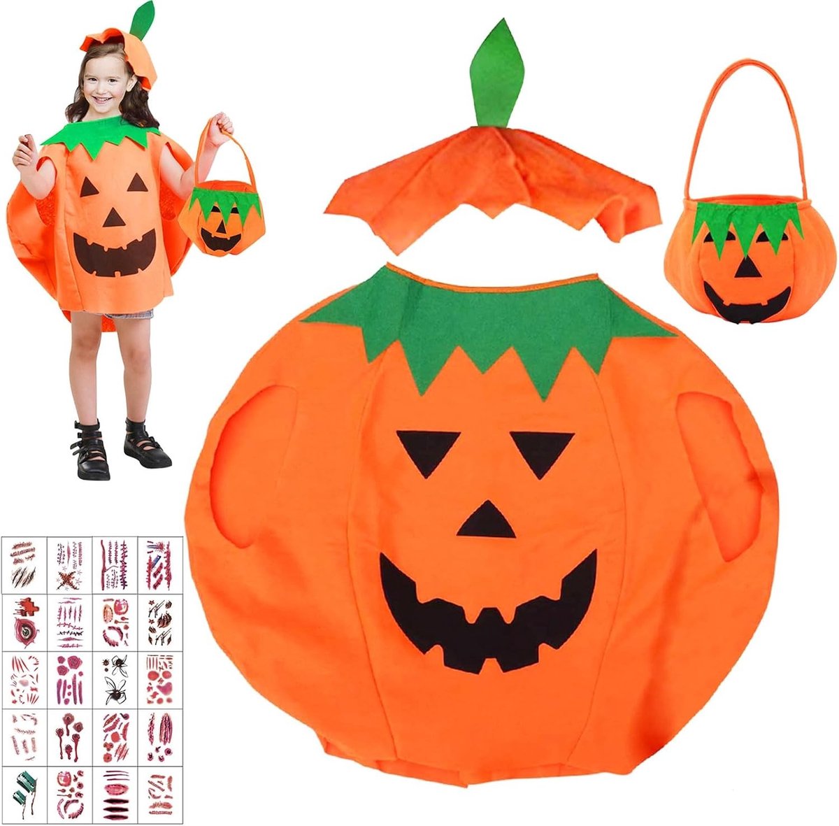 Leuk pompoenkostuum voor kinderen met hoed, snoepzak en Halloween-tattoo-stickers voor feest en carnaval