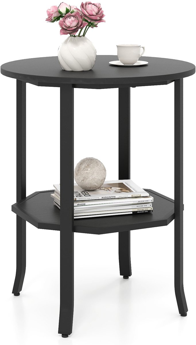 COSTWAY Ronde bijzettafel, 2-laags banktafel met open plank, industriële woonkamertafel, nachtkastje met metalen frame en verstelbare voeten, voor woonkamer, slaapkamer, Zwart