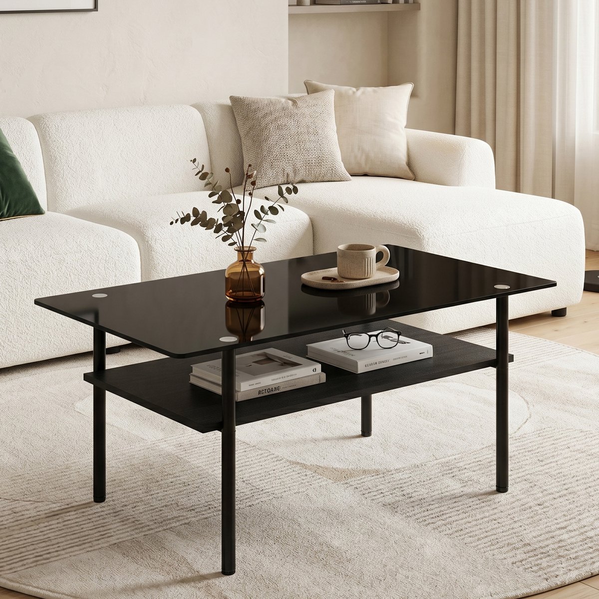 DESMIU Salontafel - Moderne Tafel Met Zwarte Glasplaat En MDF Opberglaag - Voor Woonkamer En Industriële Inrichting - Zwart - 98x58x45 Cm