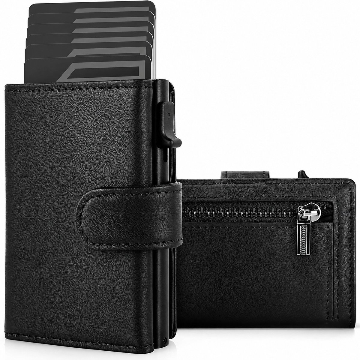 QuickWallet Pasjeshouder Mannen Uitschuifbaar met Muntvak - Zwart