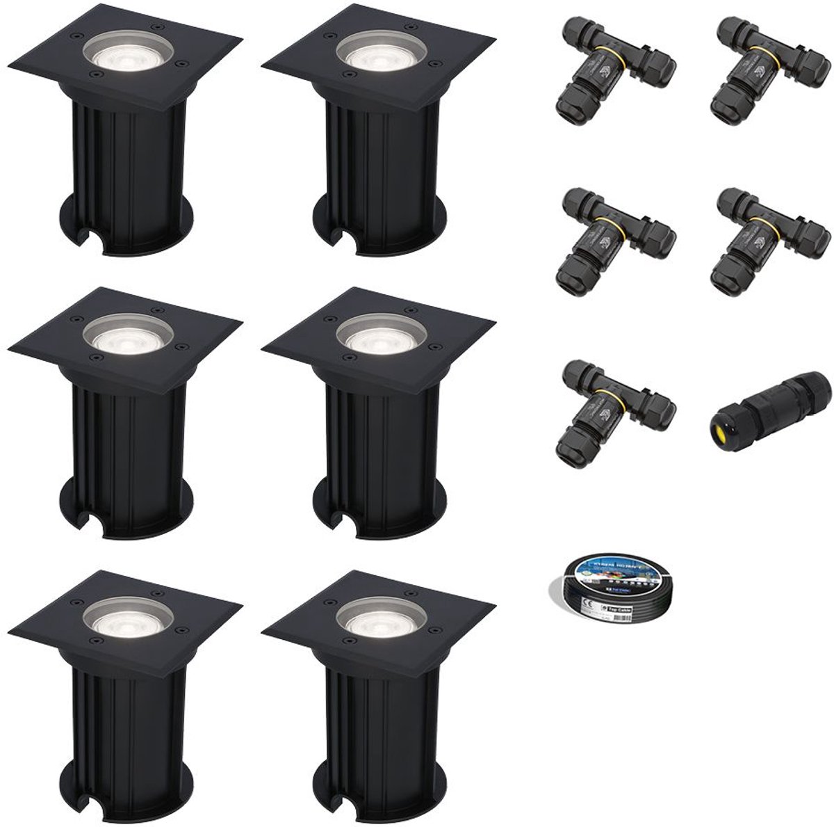 Set van 6 Ramsay LED Grondspots Vierkant - Dimbaar - GU10 - 6500K daglicht wit - 4W 345lm - Tuinspot - Zwart - IP67 waterdicht - Overrijdbaar voor de Oprit, Tuin en Terras - Inclusief installatiemateriaal (Kabel & connector)