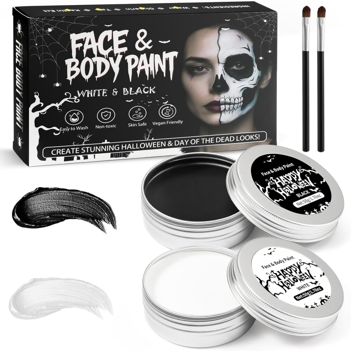 Halloween Gezichtsverf Zwart en Wit voor Kinderen - Compleet Make-up Set voor Carnavals- en Theatervoorstellingen, Perfect voor Skelet, Zombie en Vampier Look