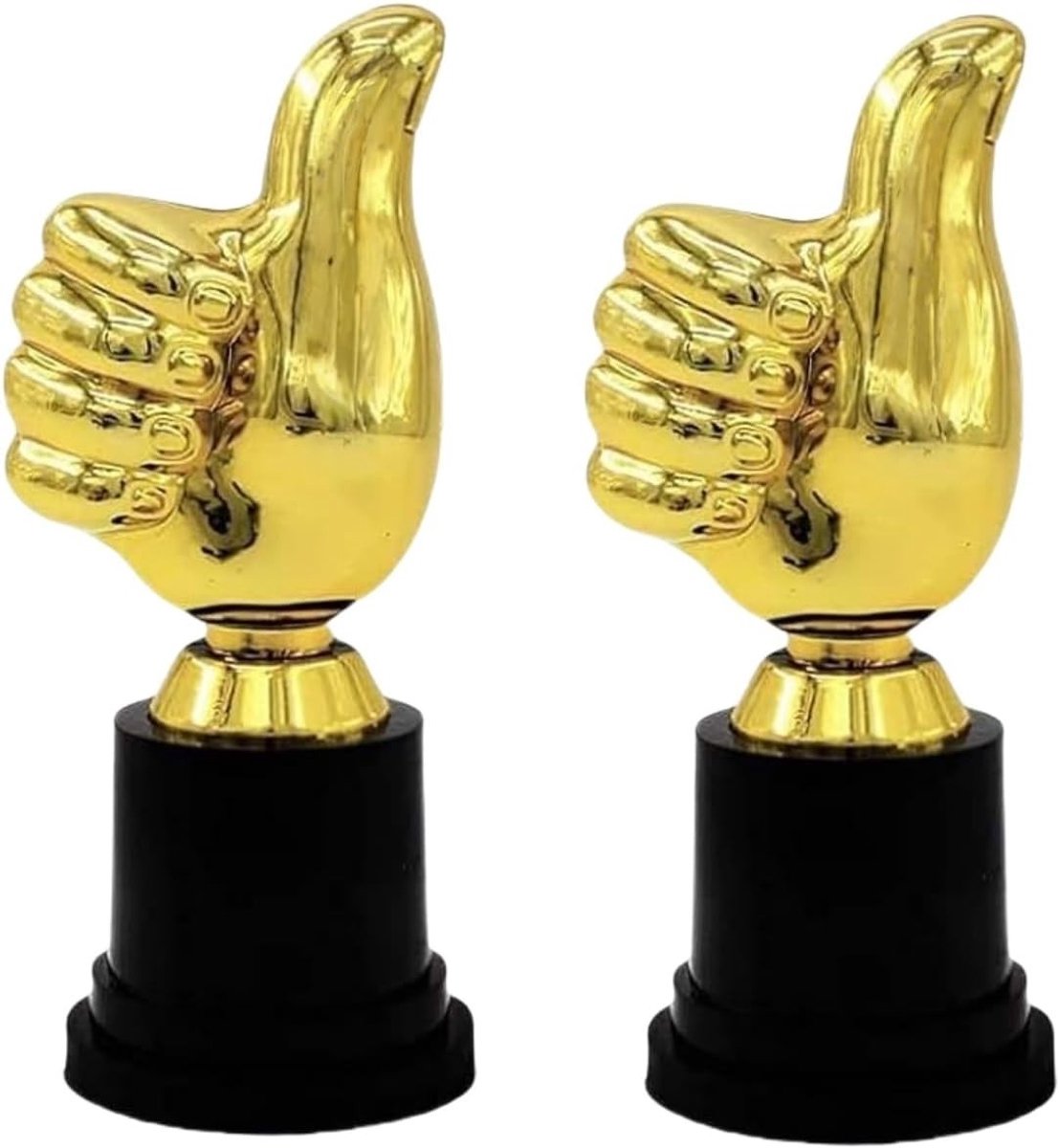 Twee plastic trofeeën voor kinderen, duimtrofee en medaille trofee, perfect voor sportprijzen en beloningen op feesten