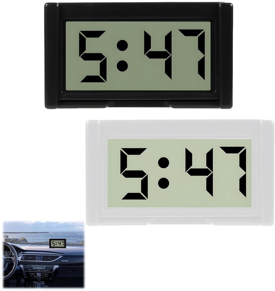 SnelShoppen - 2 Set Mini Auto Klok Digitaal LCD Elektronisch Horloge voor Dashboard Tafel Badkamer - Eenvoudig Afleesbaar met Kleefpad - Zwart en Wit