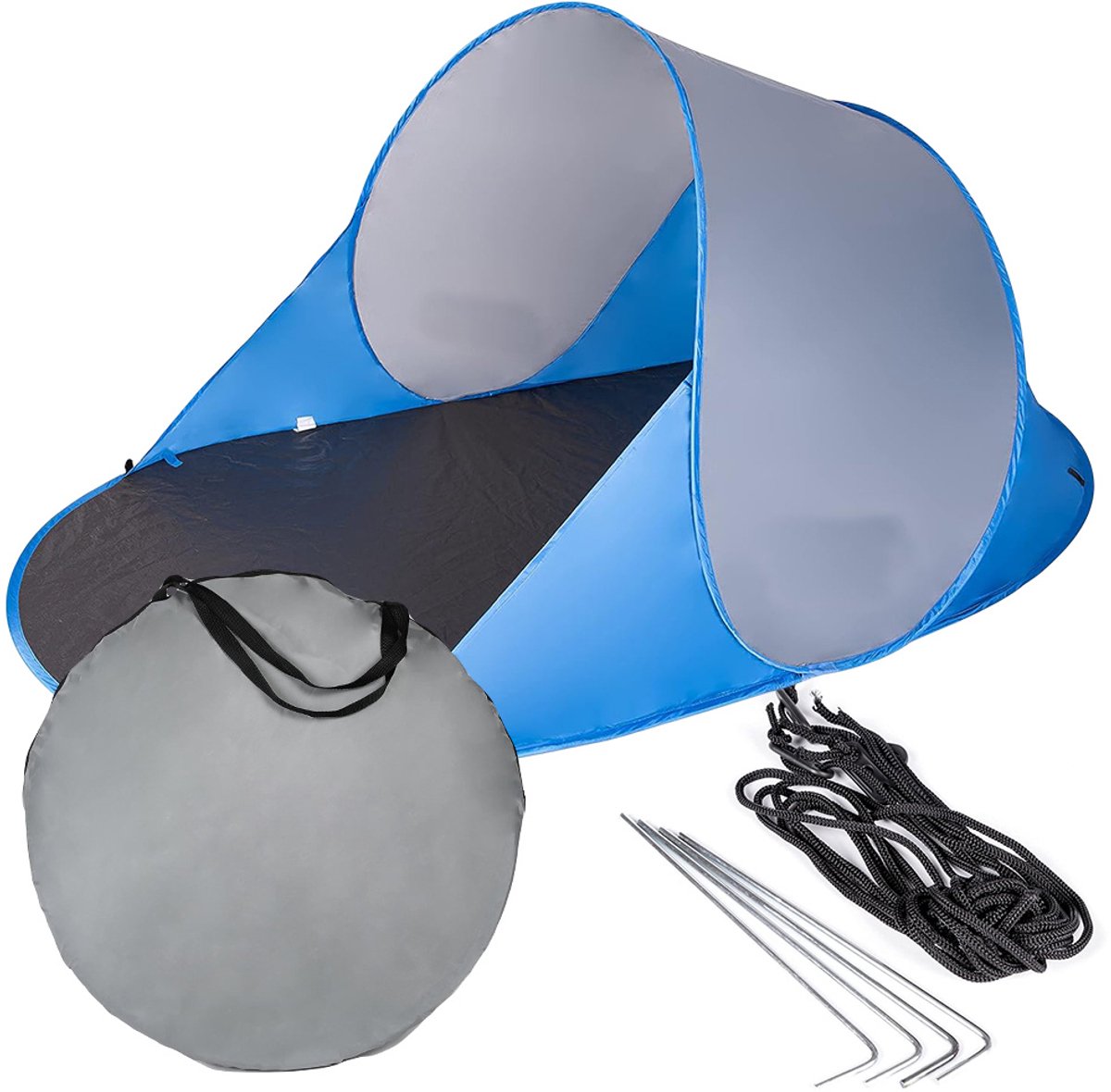 MOZY® - Pop-up Strandtent - Blauw / Zilver - 190 x 120 x 86 cm - met Draagtas - Pop Up Tent - Opvouwbaar - Zonwering - Windbescherming - Zonbescherming