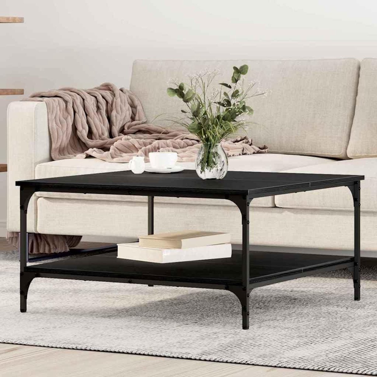 Salontafel - Woonkamertafel - Stijlvolle Decoratie - Robuust ijzeren frame - 80 x 80 x 40 cm - Zwart eiken-look