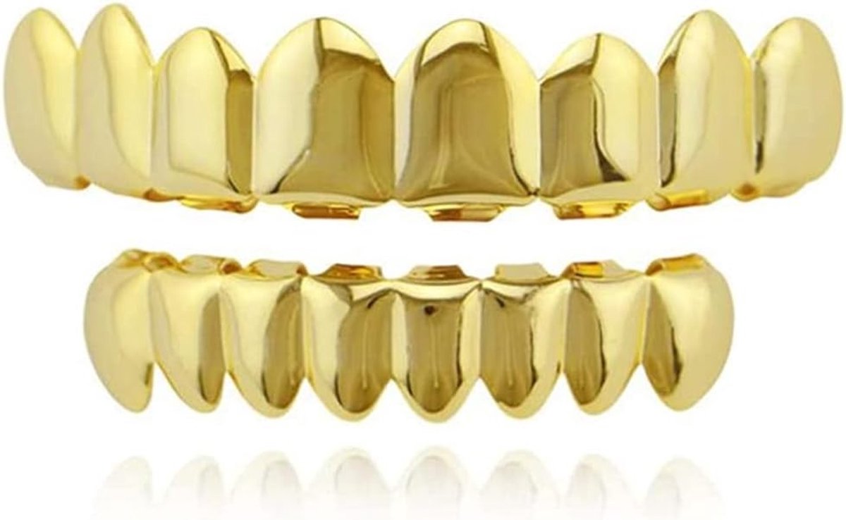 Halloween Gouden Tanden Grills 18K Verguld + 2 Fixing Trays Box Set voor Cosplay, Feest en Rapper Kostuums