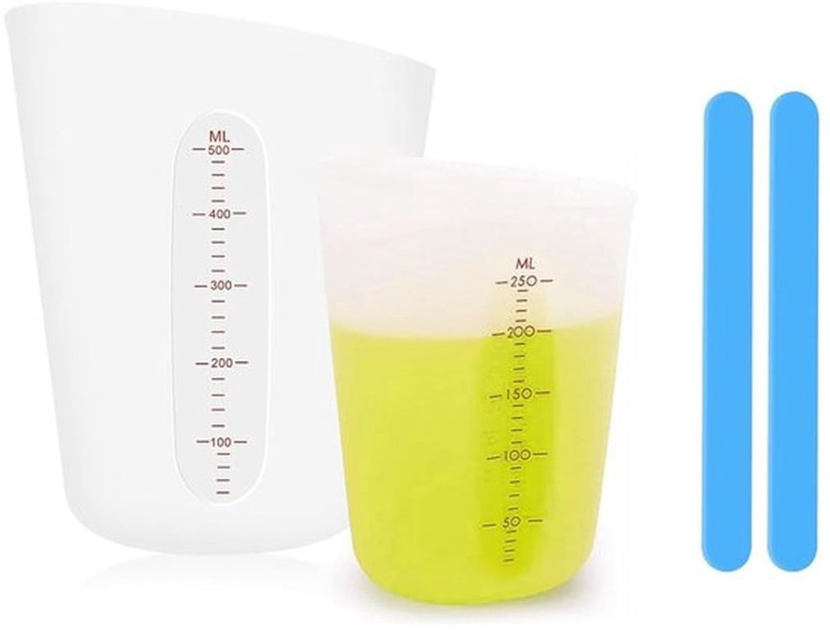 Siliconen Maatbeker 500ml - Set van 2 - Inclusief Roerstaafjes - Duurzaam Silicone - Antislip - Lichtgewicht 195g