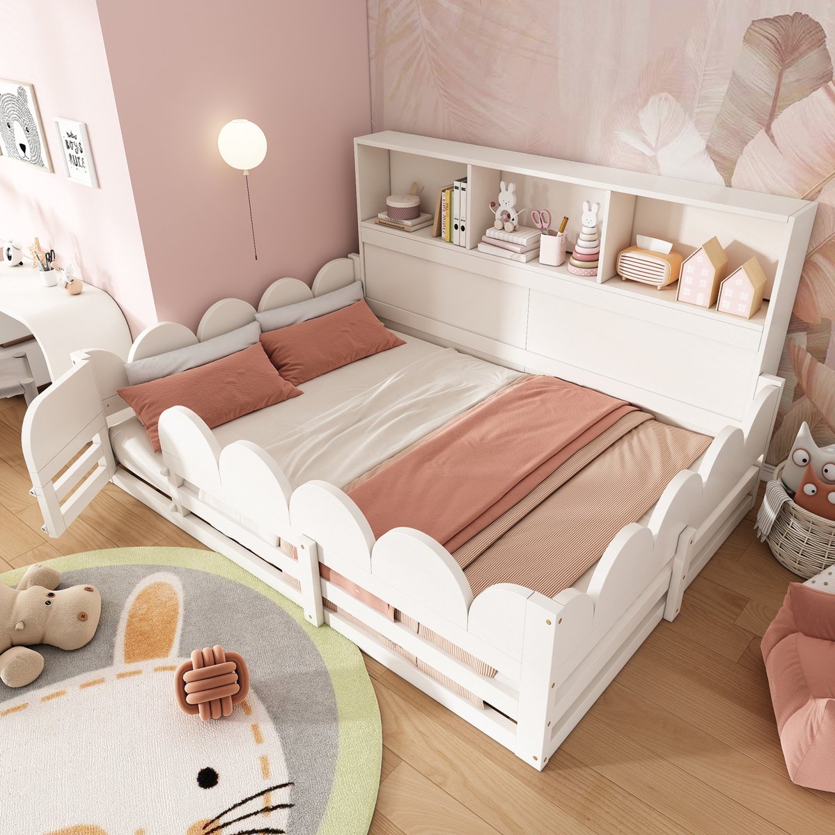 Wishdor Kinder bodembed 140x200 cm - met veiligheidshek, deur en opbergrek - houten bedframe - wit - 205 x 162 x 85 cm