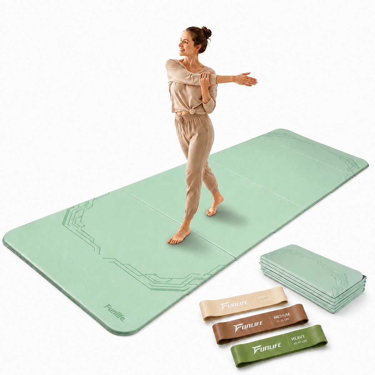 FunLife Opvouwbare Yogamat Set – Fitnessmat 190 x 66 x 1 cm met 3 Weerstandsbanden – Dikke Sportmat voor Yoga en Pilates – Mintgroen