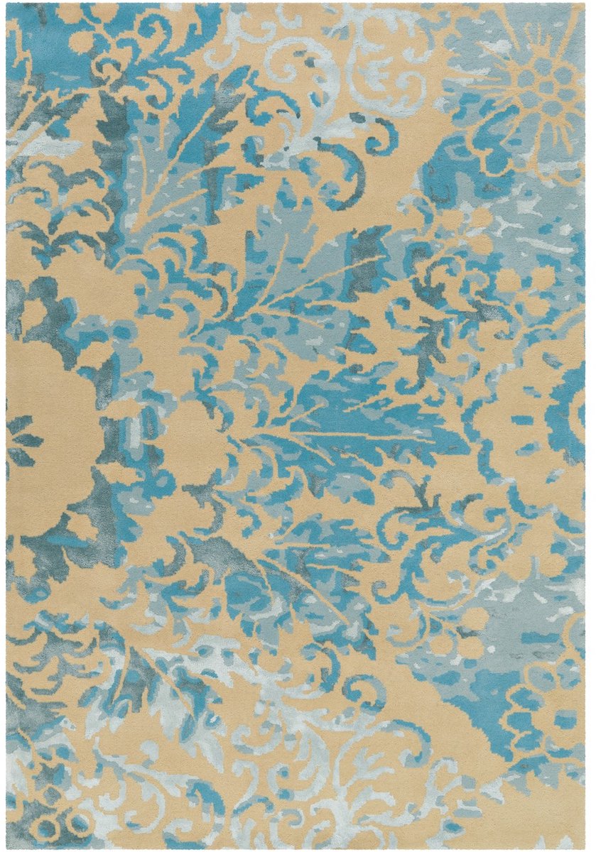 Padiro laagpolig vloerkleed 120 x 180 cm - crème / turkoois - botanisch bloemenpatroon - geschikt voor vloerverwarming - van wol en viscose