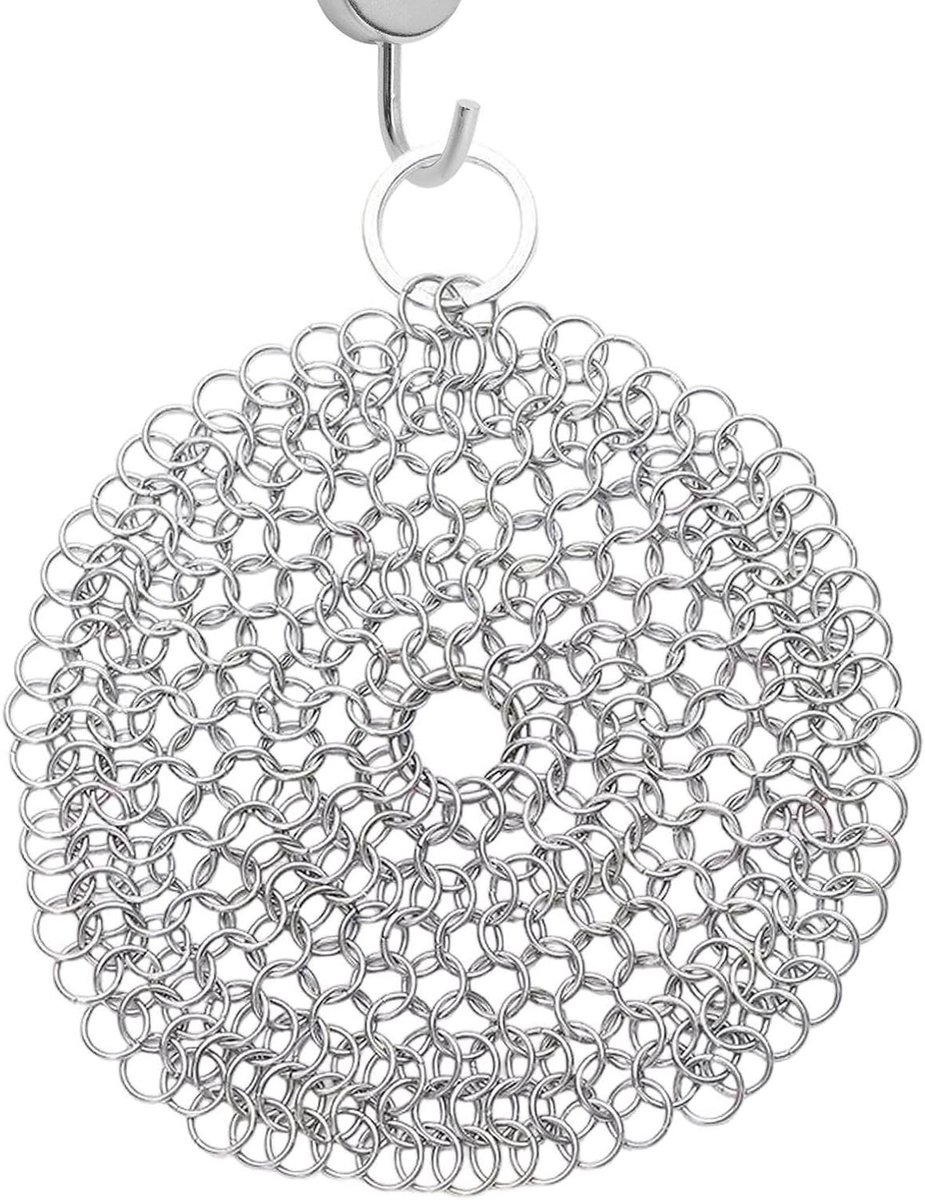 Kettingschrobber Gietijzer - Schuurspons Roestvrij Staal - Kookgerei Reinigen - Efficiënte Vlekverwijdering - 10x10cm - Zilver