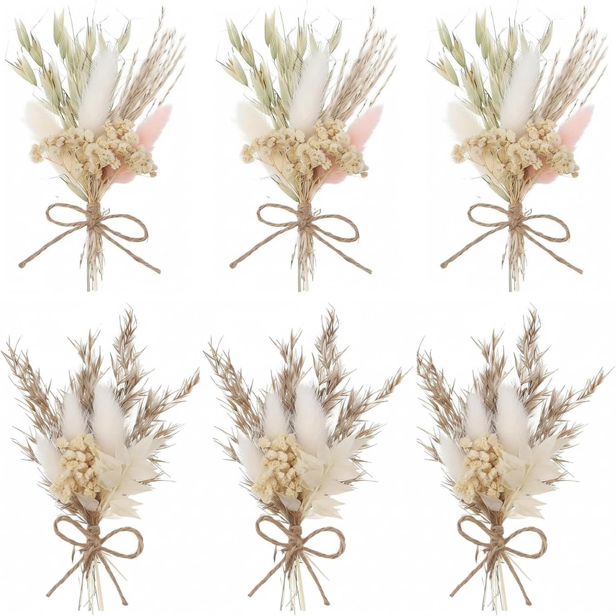 6 stuks mini-droogbloemenboeketten (17 cm) - kleine gedroogde bloemen met vliegenwaaier en gras voor decoratie - bruiloft - cadeau - droogbloemboeket wit - gedroogde bloemen voor thuis