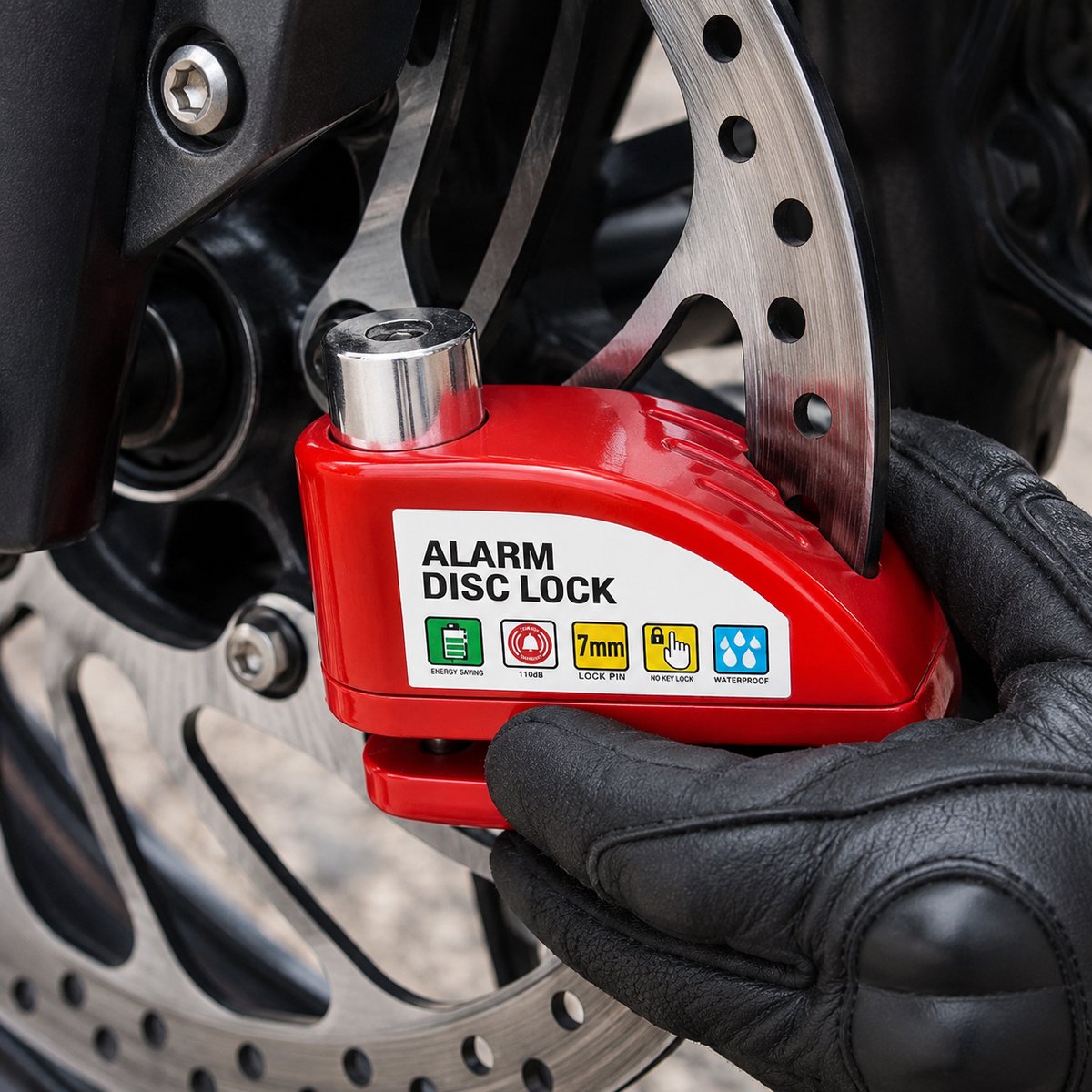 Home & Marker – Alarmschijfremslot met Alarm 110 dB – Motorslot & Scooterslot – Waterdicht Remschijfslot voor Motor, Scooter & Fiets – Rood – ALERTOLOCK – foto 4