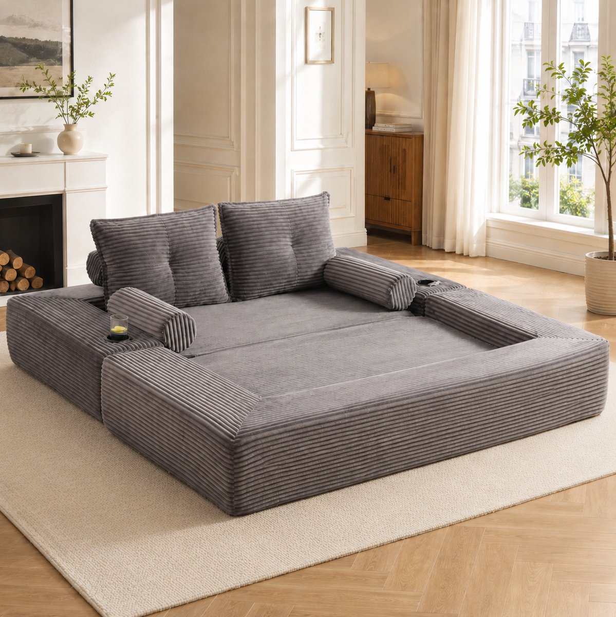 Wishdor Slaapbank 2-zits - Opvouwbaar - Met bekerhouder en opbergvakken - Memory-kussens - Corduroy - Donkergrijs - 180 cm
