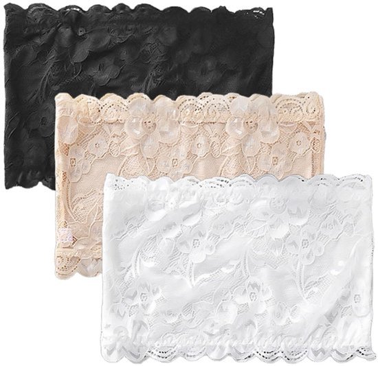 Drie stuks kanten bandeau-tops in zwart, beige en wit, gestapeld op een witte achtergrond.