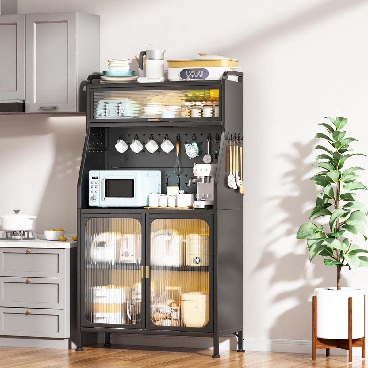 Keukenbuffet met Werkblad - Buffetkast Keuken - Keuken Organiseren - Gereedschapsloze Montage - 86x36x160cm - Zwart