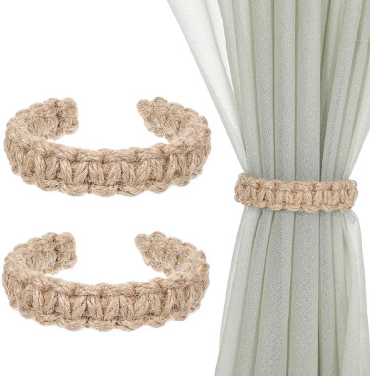 Gordijn Tiebacks Gevlochten - Boho Gordijnbinders - Jute/IJzer - 2 Stuks - Decoratie - 23,5 × 2 cm - Rustieke Charmante Stijl