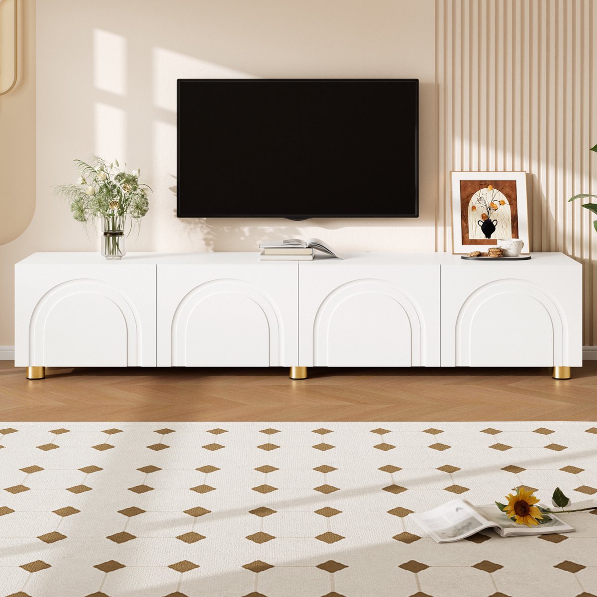 Wishdor Tv-meubel lowboard - 4 deuren met bogenrelief - metalen poten - woonkamer opbergruimte - PB en MDF - wit - 180 cm