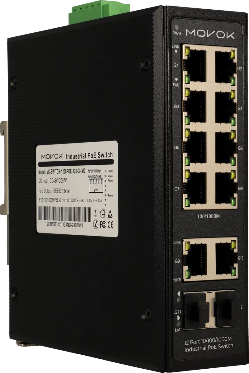 MOVOK Industriële VK-SWITCH-1208POE-120-G-IND - PoE+ Switch - 12 Poorten - Gigabit & Glasvezel - DIN-Rail