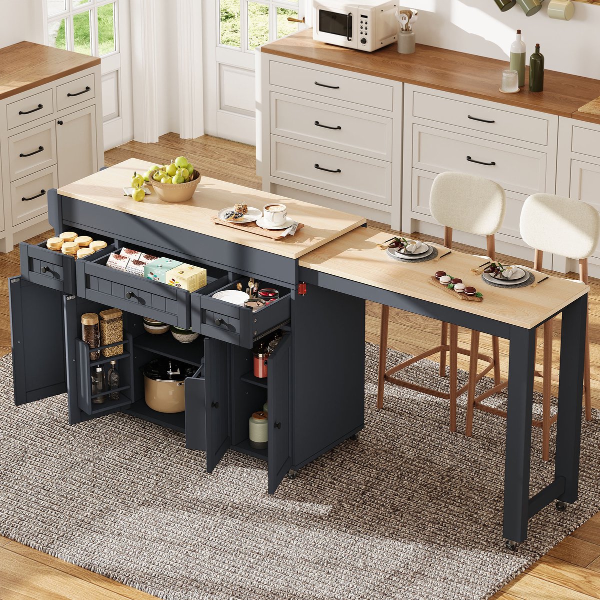 Keukenkast Op Rollen – Uitbreidbaar Werkblad – 190,6 Cm – MDF – Grijs – Met Lades En Specerijenrek