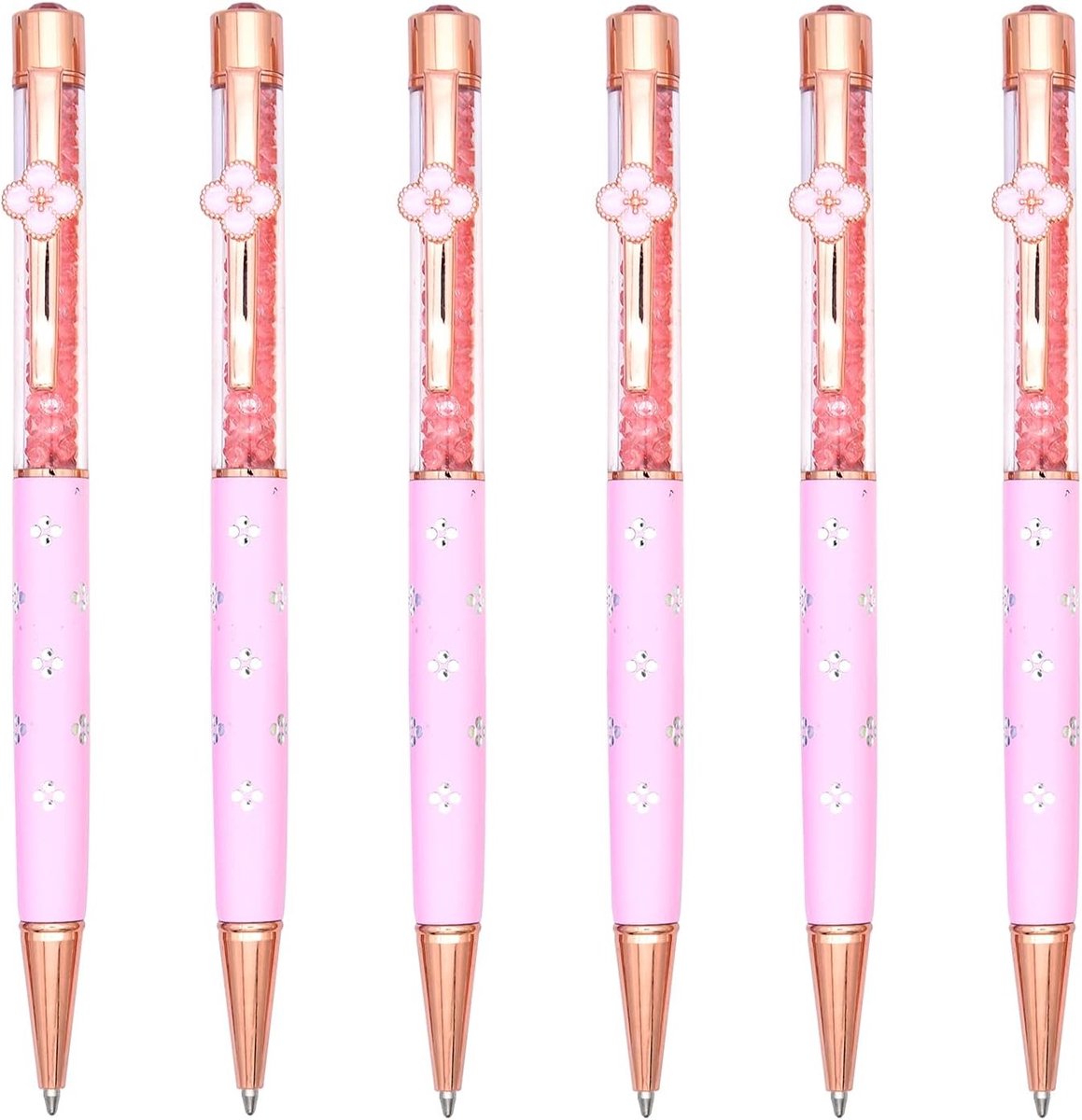 Set van 6 Zwarte Inktpennen met Klaver Crystal Design - Medium Balpen, Roze Kleur