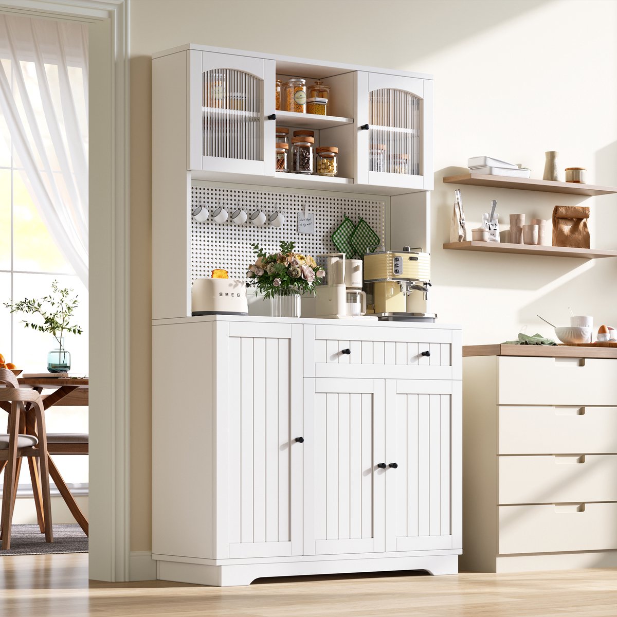 DESMIU Keukenkast - Vitrinekast Met Verstelbare Legplanken En Geperforeerde Achterwand - Voor Keuken En Eetkamer - Spaanplaat - Wit - 103.5x40x180 Cm