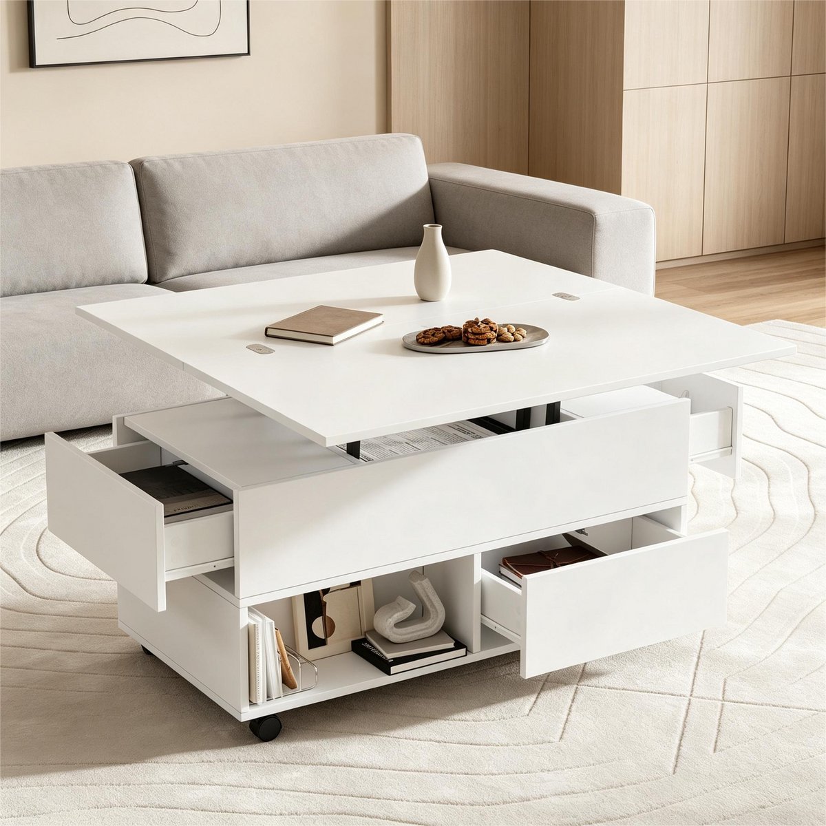 DESMIU Salontafel - Hoogte Verstelbaar Met 4 Lades En Wielen - Voor Woonkamer Homeoffice En Eten - Spaanplaat - Wit - 100x50x52 Cm