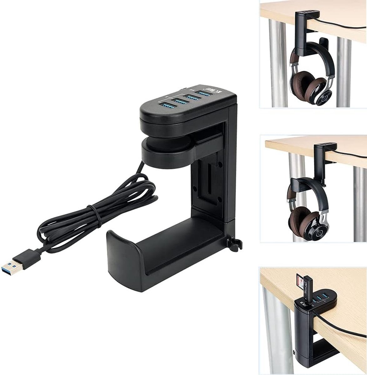 Hoofdtelefoonstandaard met USB-hub en kabelclip, 360° draaibaar en verstelbaar, ideaal voor gaming en bureau-organisatie
