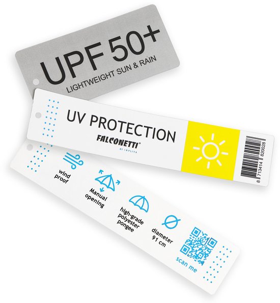 Labels met 'UPF 50+ Lichtgewicht zon & regen', 'UV Protection' en icoontjes voor winddicht, handmatige opening, hoogwaardig polyester en diameter 91 cm.