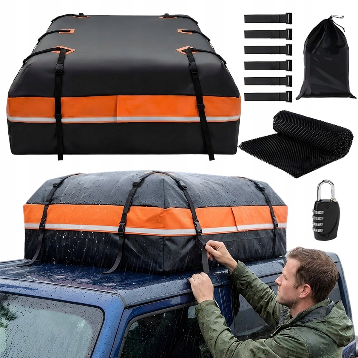 Opvouwbaar Dakkoffer - Autodaktas met Cijferslot - 600L - Waterdicht & Zonnebrandcrème - Universeel - Auto Daktas - Lange reizen & Vakantie & Kamperen - Voor SUV en Sedan - Oranje en Zwart