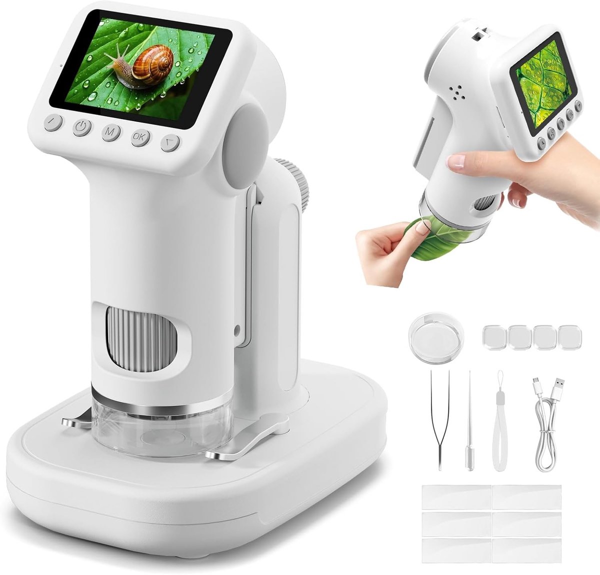 Handmicroscoop - Wit - 2,0 inch IPS-scherm - Kindermicroscoop met Wetenschappelijke Kits - Voor Kinderen 3-12 Jaar