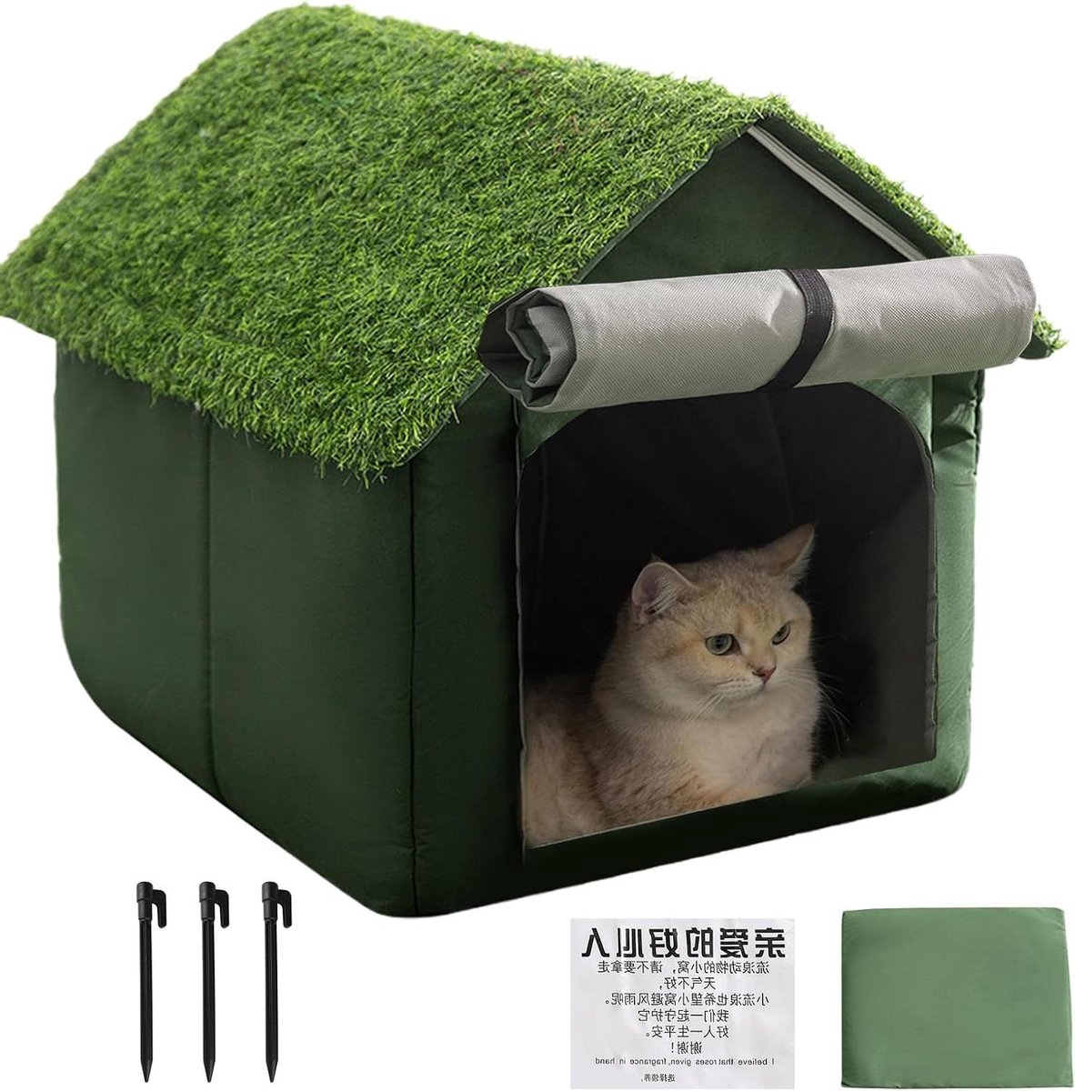 Outdoor Kattenhuis - Huisdier Schuilplaats - Bescherming Weer - Waterdicht Oxford Dak - 32cm Hoog - Groen