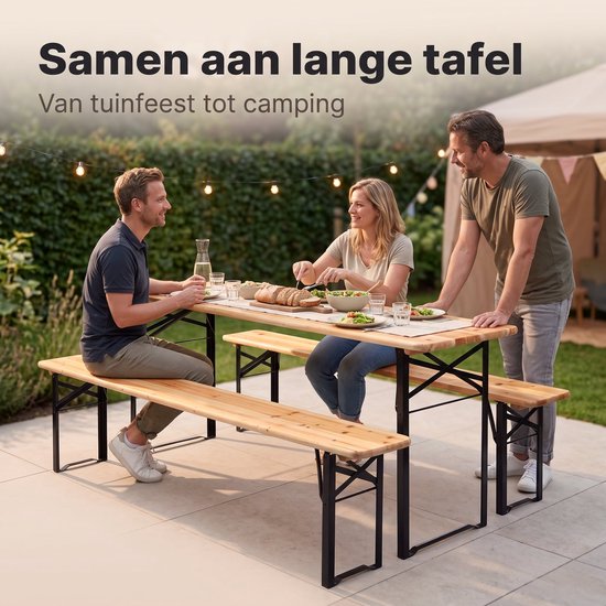 Cheqo® Biertafelset 3-Delig - Picknickset - Picknicktafel met Banken - Biertafel met 2 Banken - Bierbank Set - Campingtafel met Banken - Campingset - Klaptafel met Banken - Inklapbaar - Opvouwbaar - Houten Tuintafel - Tuinset - Vouwtafel — afbeelding 4