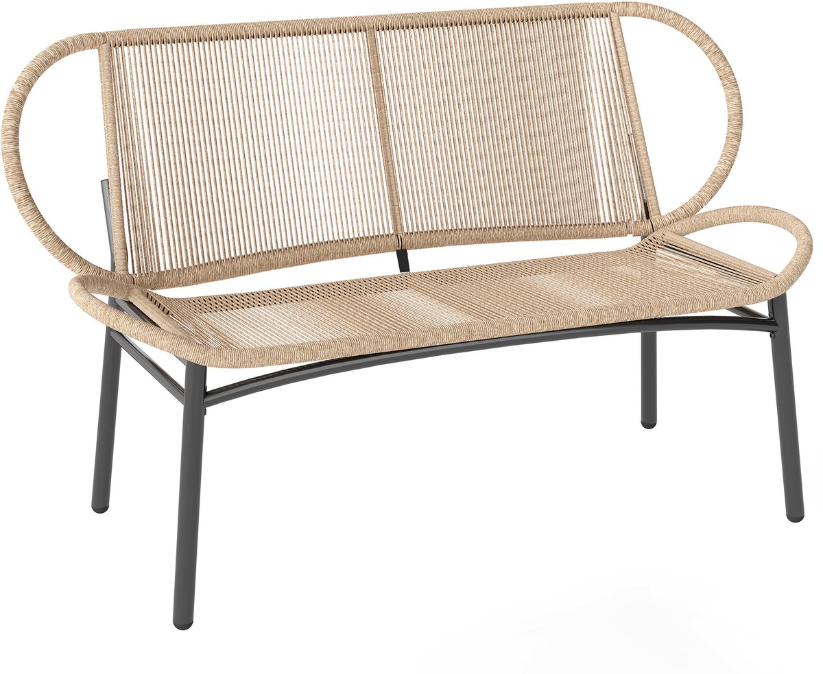 Tuinbank - 2-zitsbank met buitenbank van gevlochten kunststof op metalen frame - weerbestendig - natuurlijke kleu