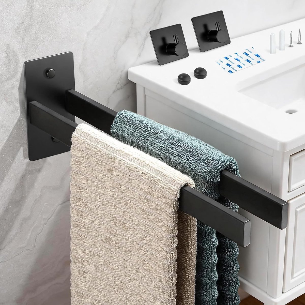Handdoekhouder - Mat Zwart - 39 cm - Roestvrij Staal 304 - Dubbele Arm Voor Badkamer en Keuken