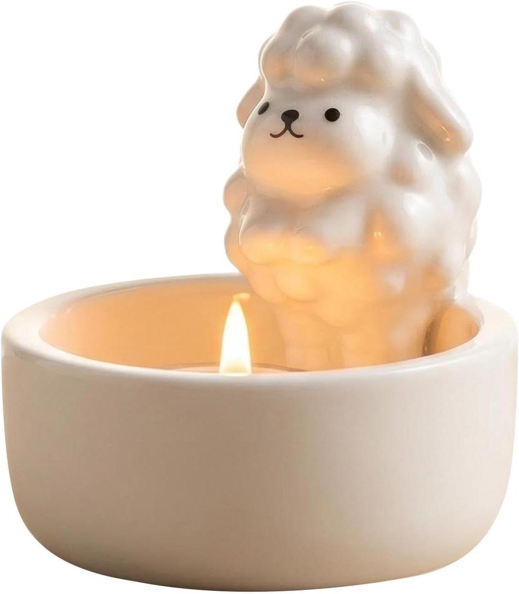 Waxinelicht Houder - Schaap Decoratie - Sfeer Creëren - Hittebestendig Keramiek - 10x10x10 cm - Wit