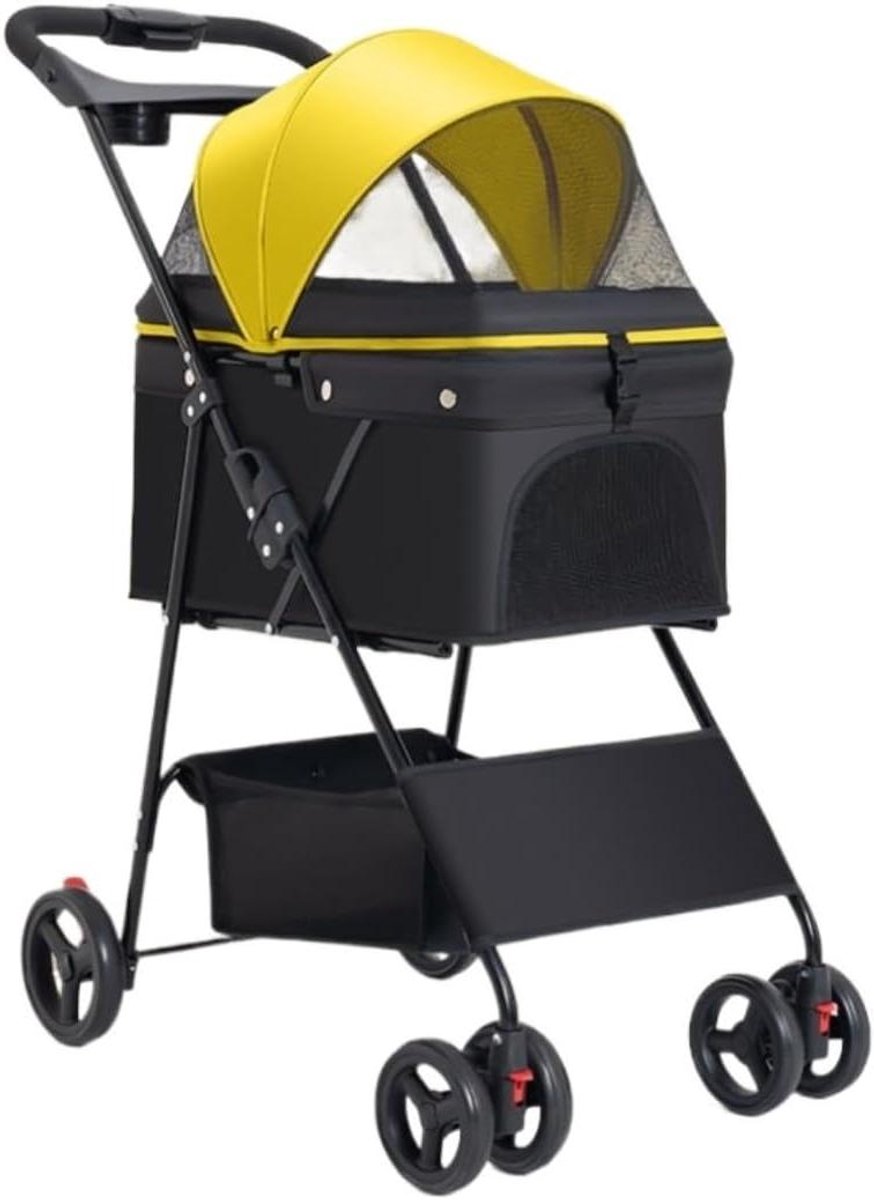 Hondenwagen 4-wiel - Huisdierbuggy Kattenwagen - Buiten Reizen - Opvouwbaar Met Mand - 15 kg draagvermogen - Geel
