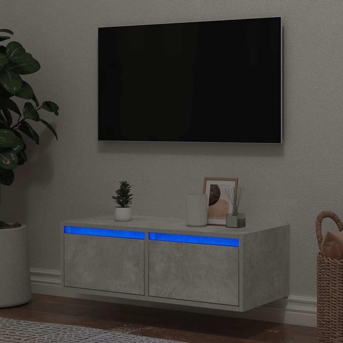Tv-kast met ledverlichting - Televisie meubel - Woonkamer organiseren - Ruimtebesparend wandmontage - 75 x 355 x 25 cm - Betongrijs