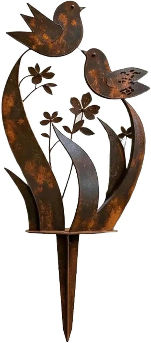 Tuinsteker Vogel Bloemen - Decoratieve Inzet - Tuin Decoratie - Echte Roest Afwerking - 35x20cm - Roestbruin