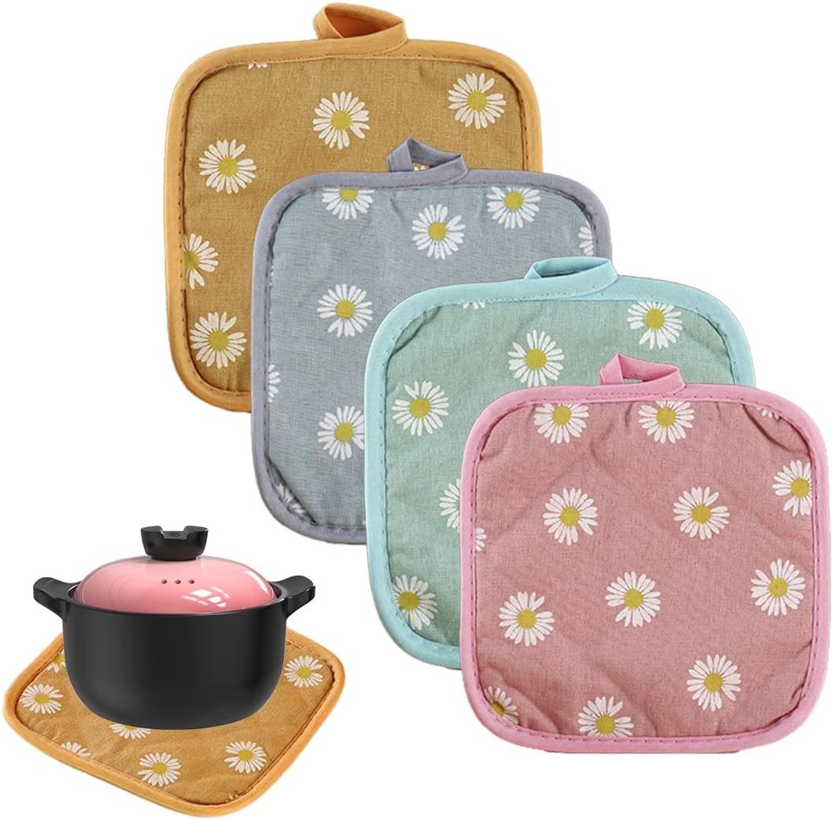 Pannenlappen Set van 4 - Madeliefjespatroon - 17 x 17 cm - Hittebestendig Katoen - Voor Keuken en Grill