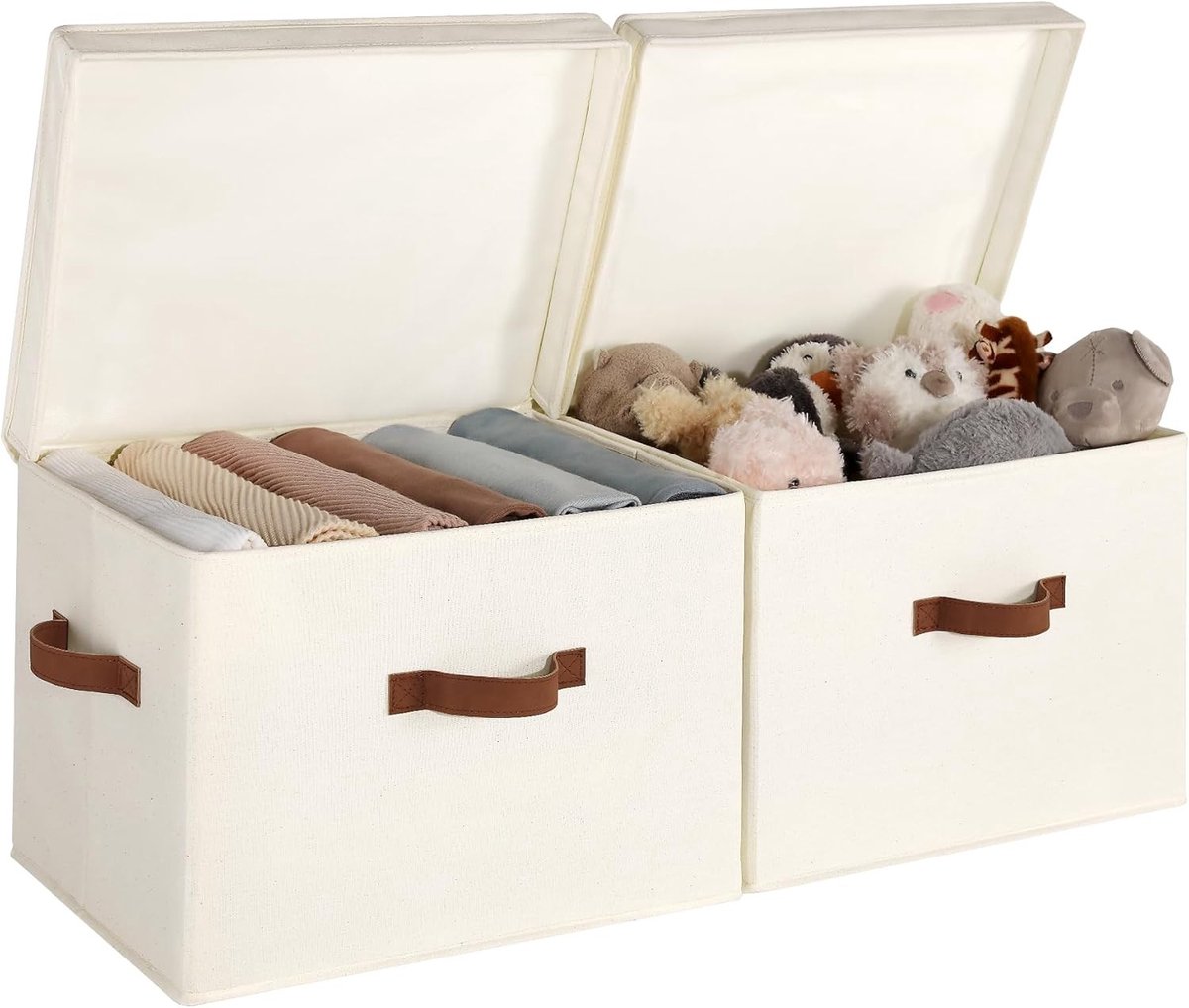 Extra grote opbergdozen met deksel 43 x 32 x 29 cm, vouwbare wasmanden met handvatten voor organisatie in de kast, speelgoedopslag, beige, set van 2