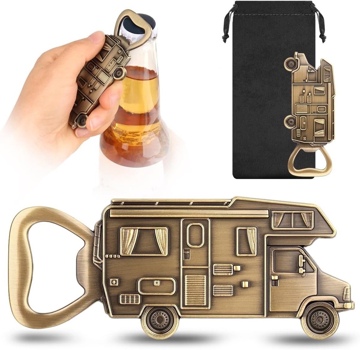 Camper Bierflesopener - Metaal - 7 x 5 x 2 cm - Robuuste Zinklegering - Voor Kampeerliefhebbers