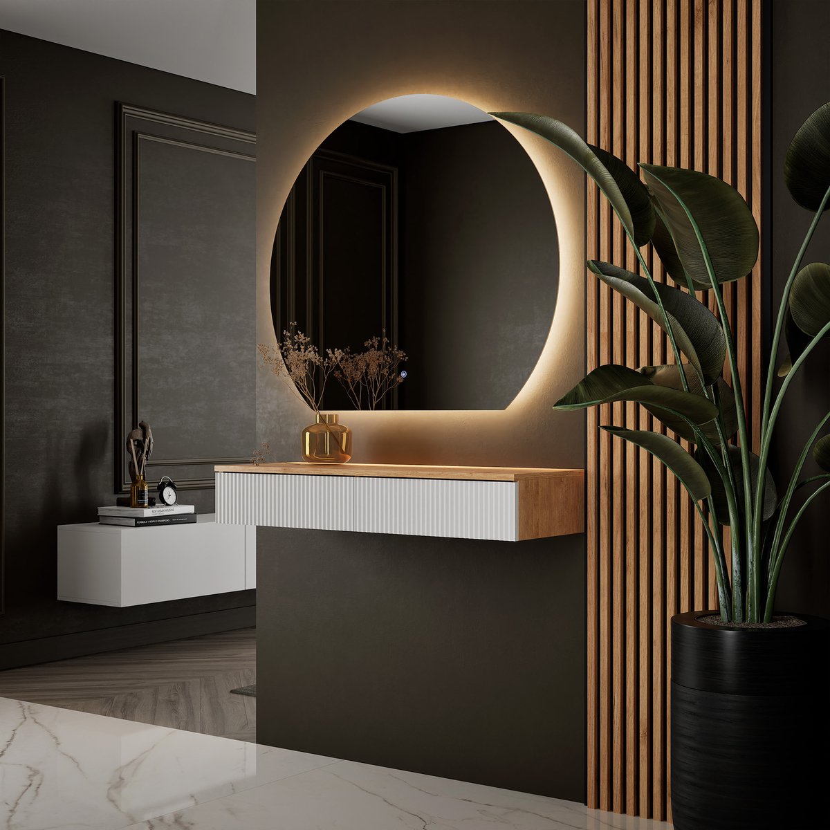 Planetmöbel AMYRA Garderobeset 100 cm – Goud Eiken/Wit – AUBE LED Spiegel – Akoestiekpanelen – Wandhangend