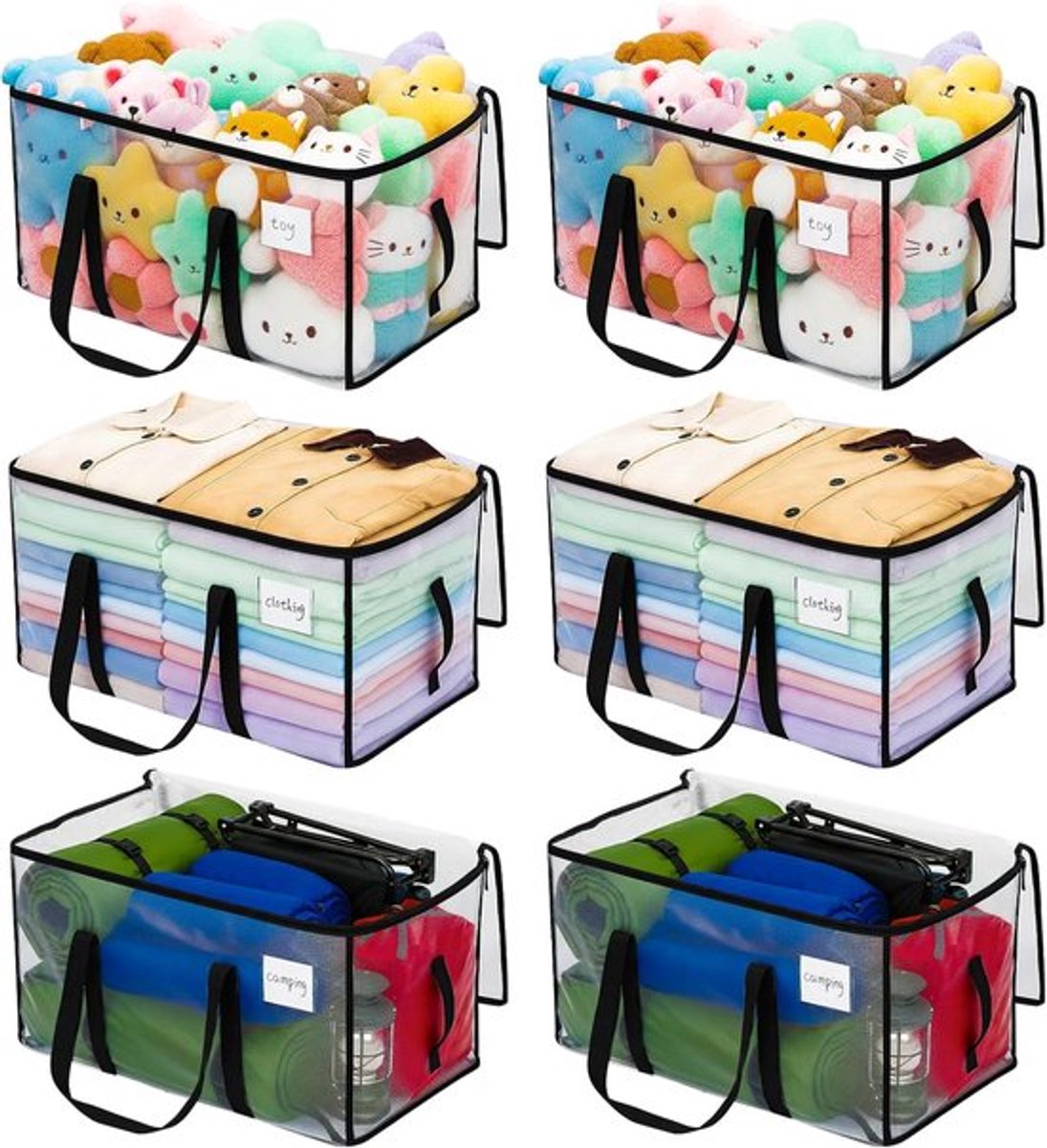 Thijox - 6 Stuks 90L Grote Opbergtas met Deksel, Transparante Verhuisdozen Groot met Ritsen en Handgreep, Ideaal voor Kleding, Beddengoed en Kerstvoor