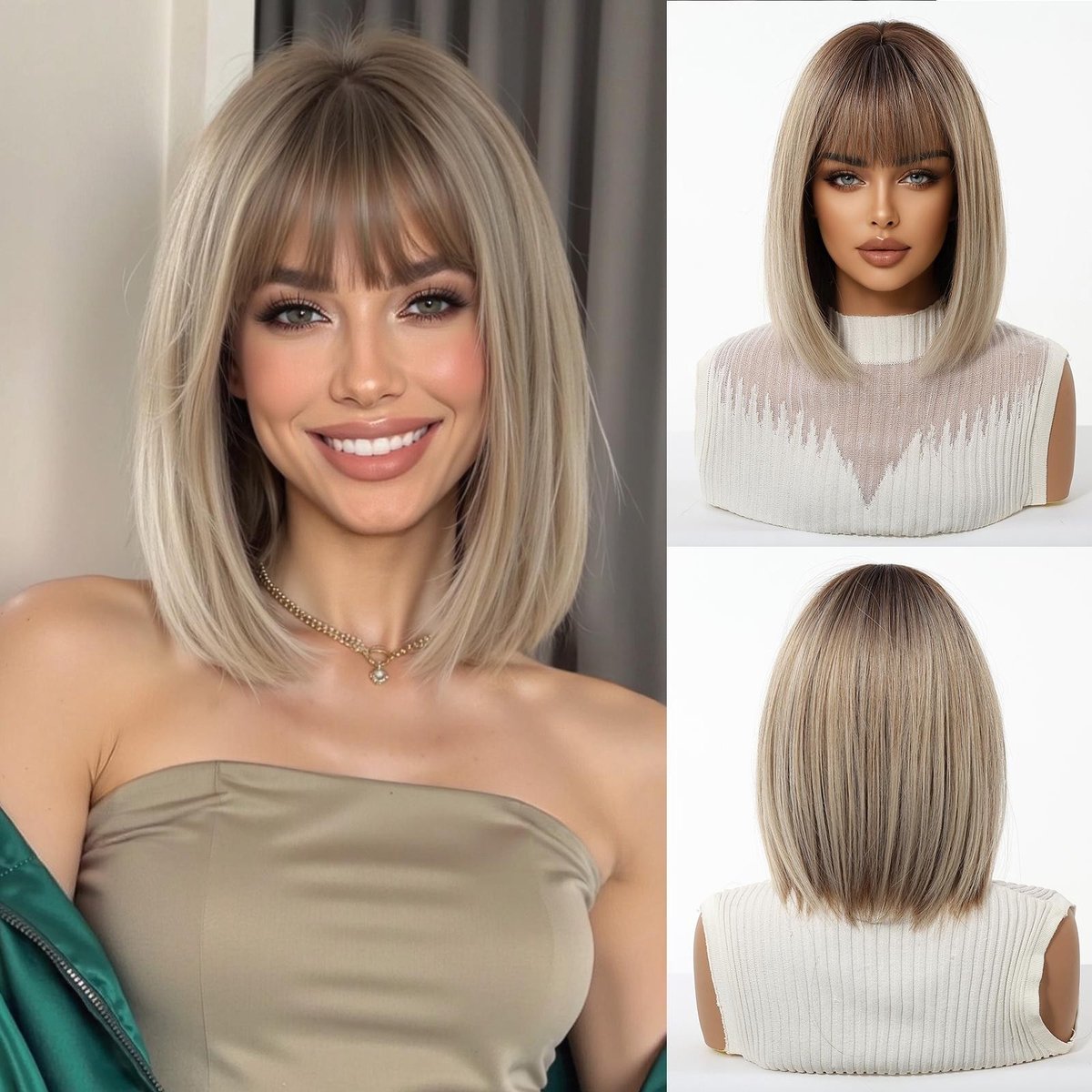 Trendy Bob Pruik met Pony – Asblond met Donkere Aanzet (Ombre / Dark Roots) – Halflang Steil Haar / Lob – Hittebestendig & Ademend – Zandblond / Beige Blond