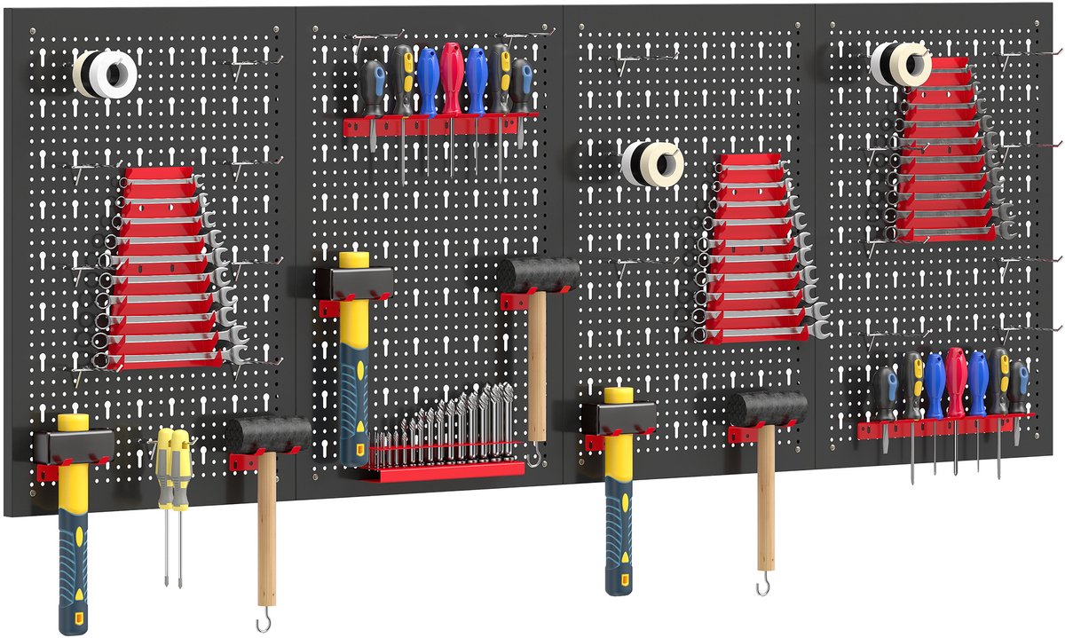 Opbergsysteem wandrek 60 x 40 cm - 38 onderdelen. Bakrek met haken - planken en open opbergbakken - zwart en rood.