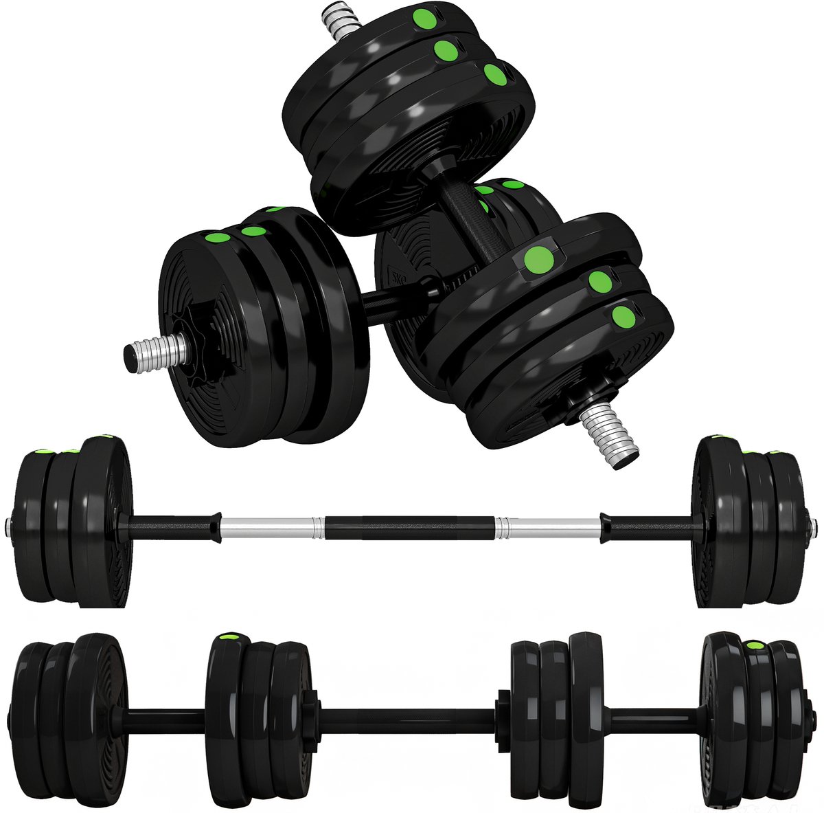 2 - in - 1 halterset - halterstang en halter - 20 kg - antislip - vloervriendelijk - zwart/groen